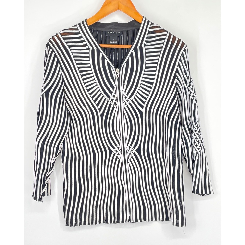 Weavz Womens Top Jacket L Zip Front Black White Optical Stripe Lightweight